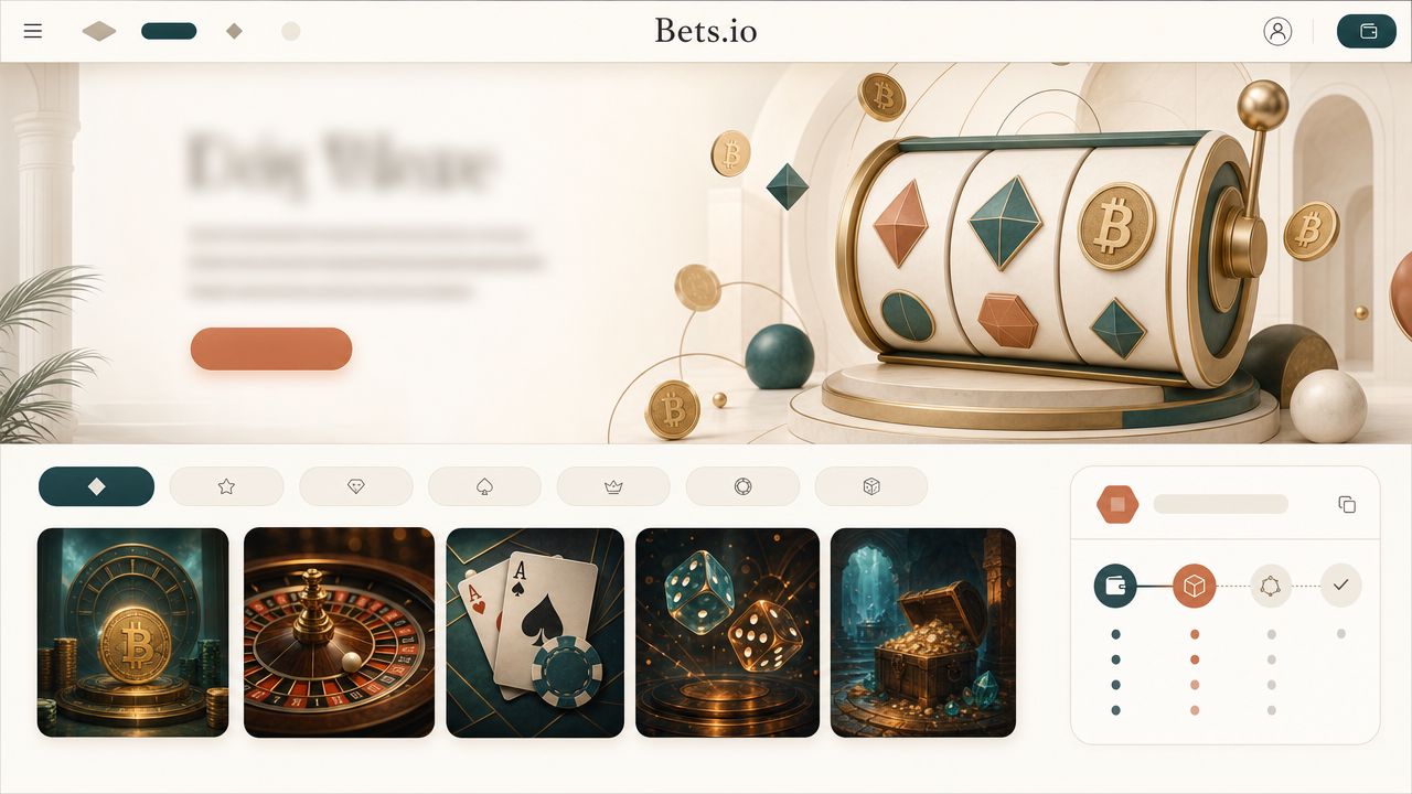 Bets.io Bitcoin casino homepage with game tiles and a BTC wallet widget