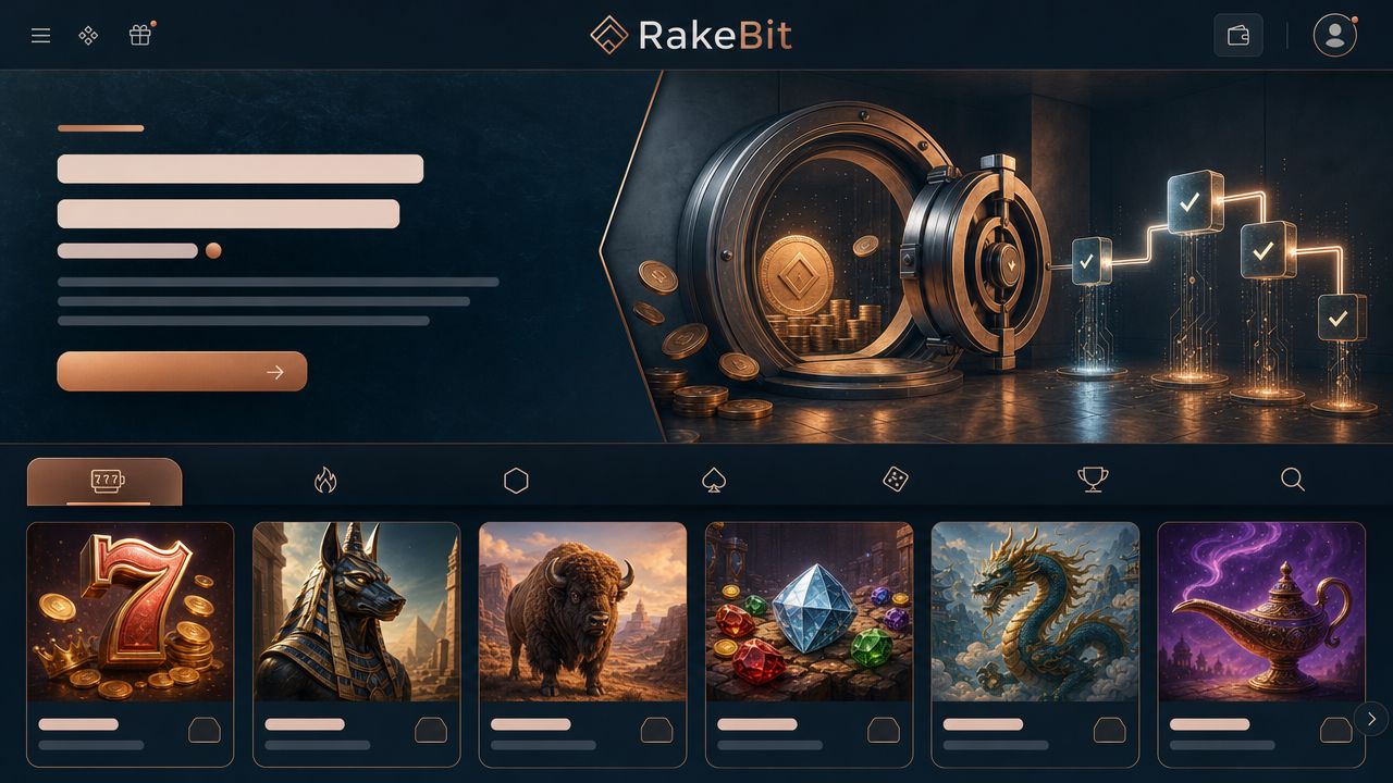 RakeBit Bitcoin casino homepage with wallet icons, a vault hero graphic and a row of slot tiles