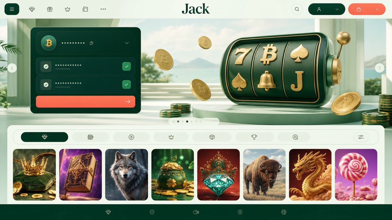 Illustrative screenshot of the Jack casino homepage with slot tiles and a wallet panel