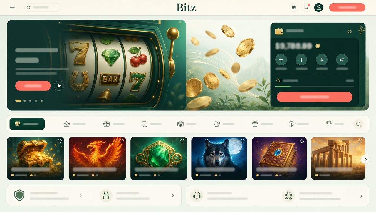 Bitz Bitcoin casino homepage with game tiles and a wallet widget