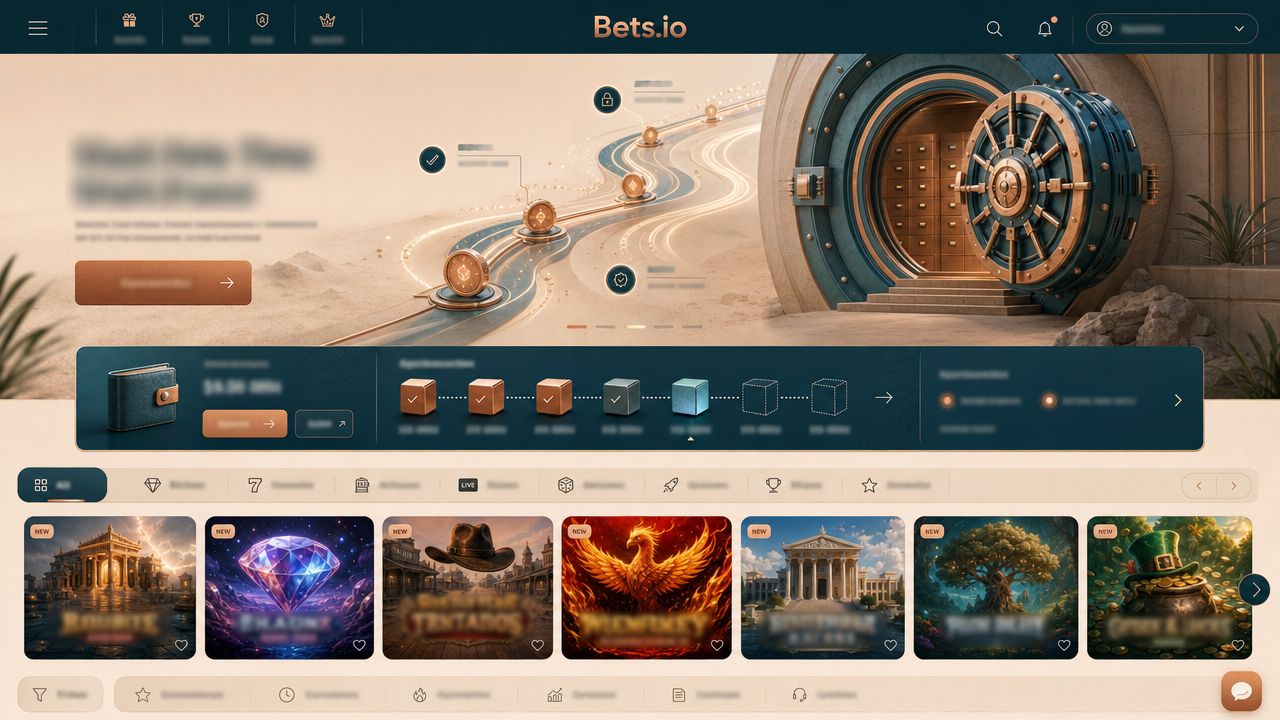 Bets.io Bitcoin casino homepage with wallet widget, category tabs and slot game tiles
