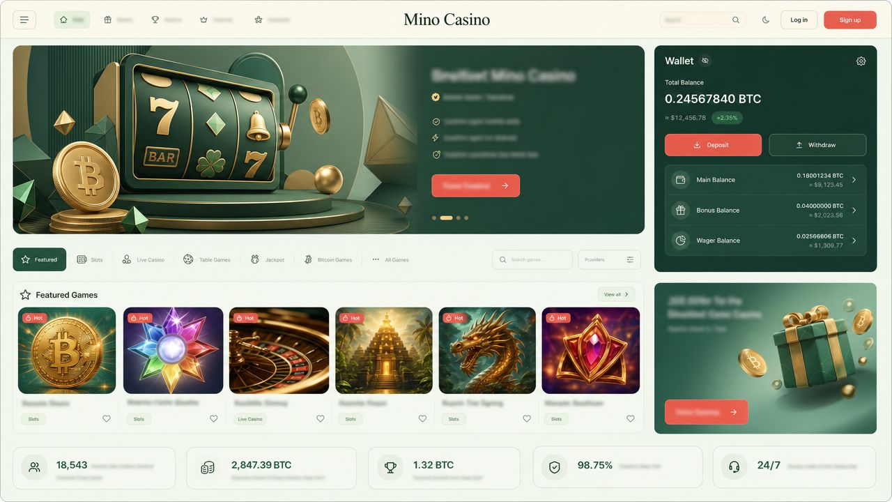 Mino Casino homepage with a Bitcoin wallet widget, game tiles and category tabs