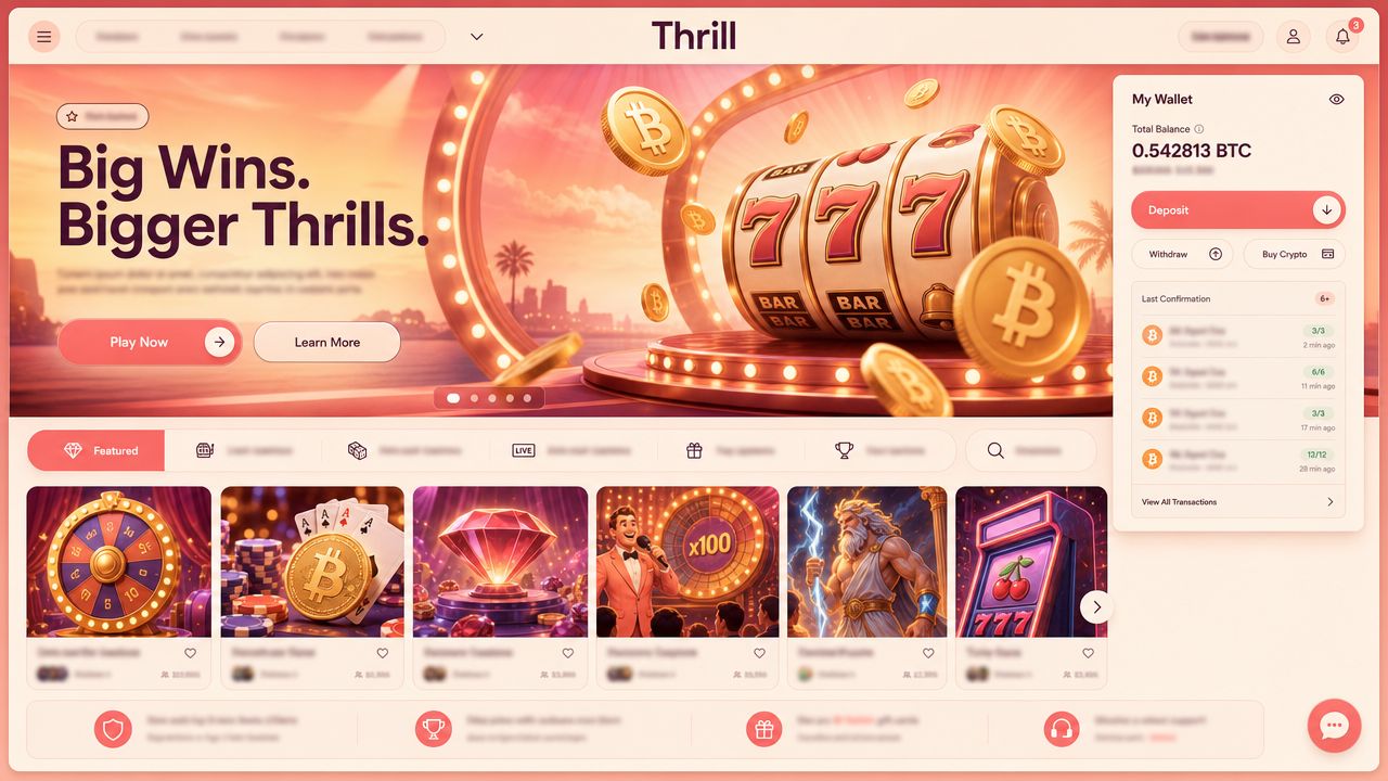 Thrill Bitcoin casino homepage with slot reels, game tiles and a wallet widget