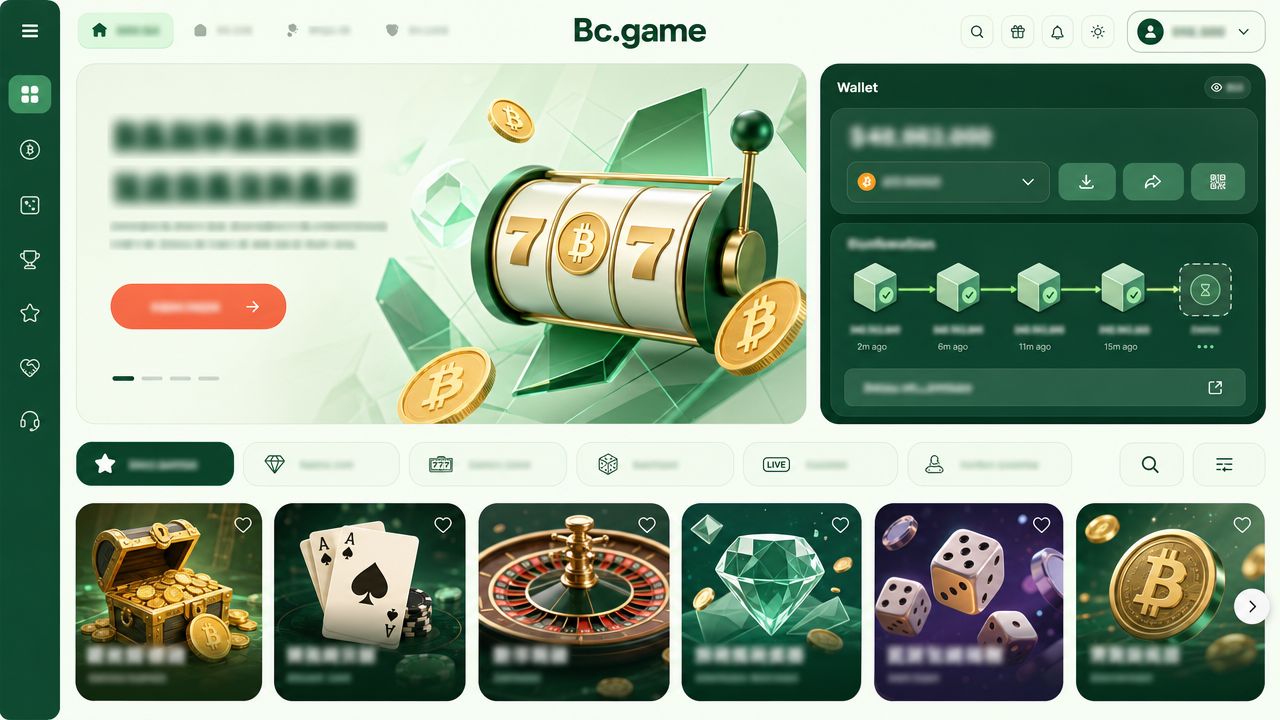 Illustrative Bc.game casino homepage with game tiles and a wallet panel