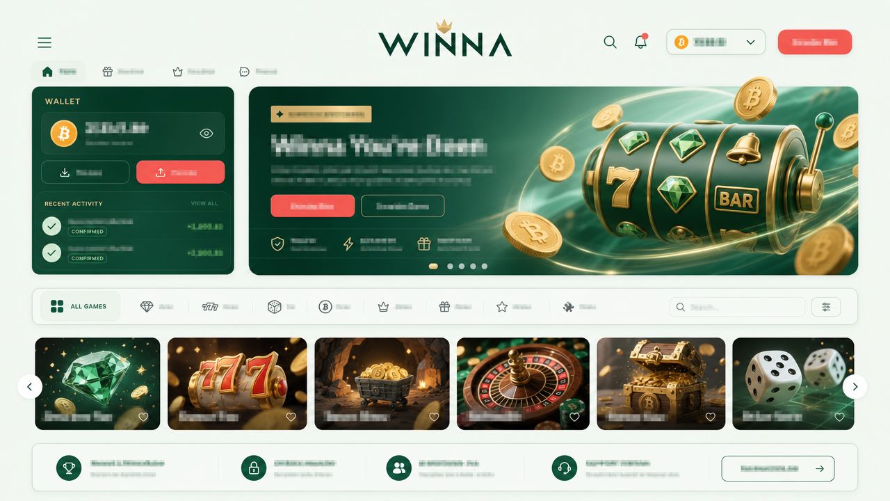 Illustrative homepage screenshot of the Winna Bitcoin casino with game tiles and a wallet panel