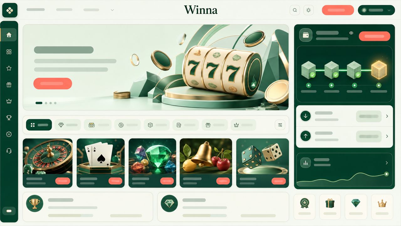 Winna casino homepage preview with game tiles, category tabs and a wallet panel