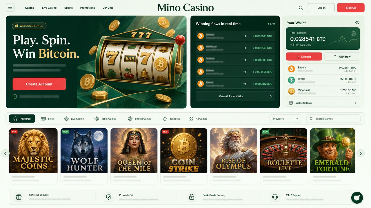 Mino Casino homepage with a Bitcoin wallet widget, slot reels and game tiles