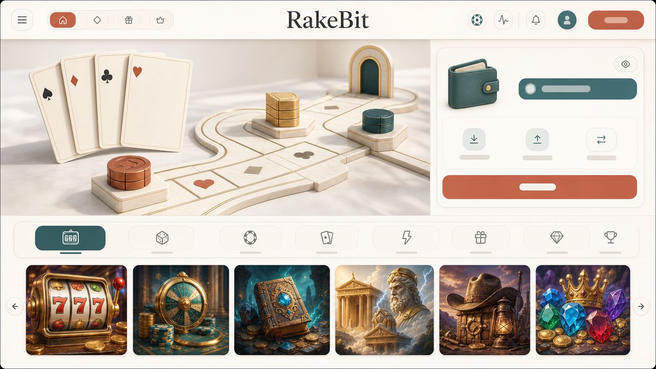 RakeBit Bitcoin casino homepage with wallet panel and slot game tiles