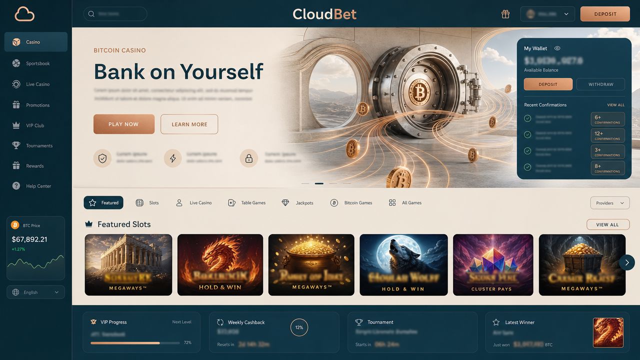 Cloudbet Bitcoin casino homepage with wallet widget and game category tabs