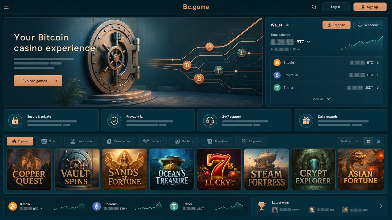 Bc.game casino homepage showing a wallet panel, game category tabs and a row of slot tiles