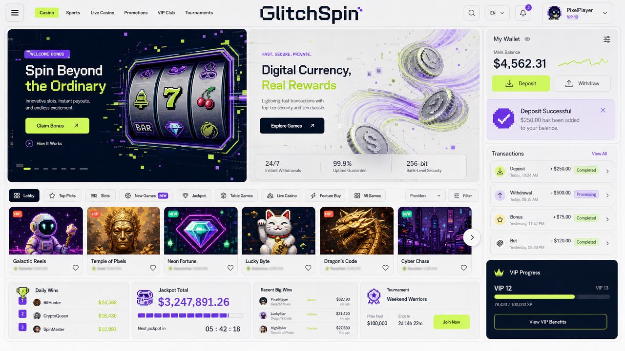 GlitchSpin Bitcoin casino homepage with game tiles and a wallet panel