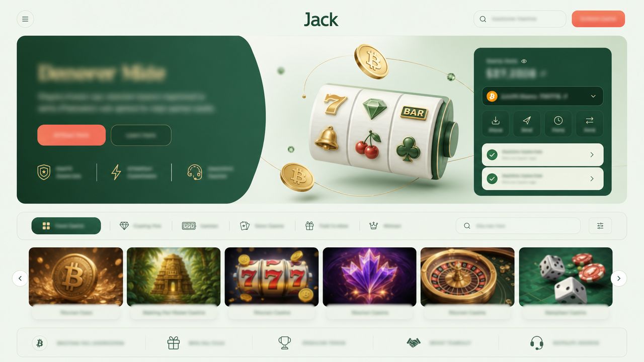 Illustrative homepage mock-up for Jack casino with game tiles, category tabs and a wallet widget