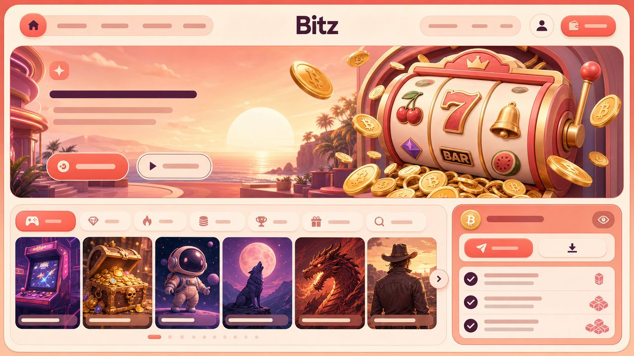 Bitz casino homepage with slot reels, game tiles and a Bitcoin wallet widget
