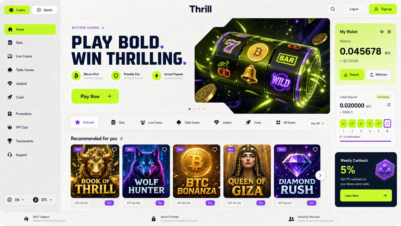Thrill casino homepage with slot reels, game tiles and a Bitcoin wallet widget